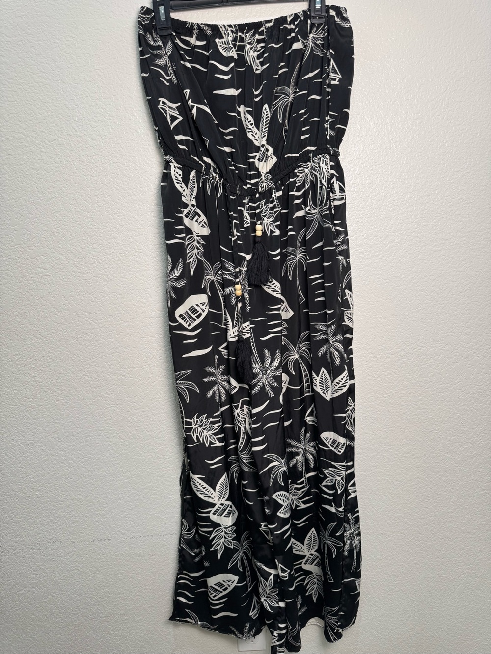 True Destination Womens XL Black White Tropical Strapless Split Leg Jumpsuit